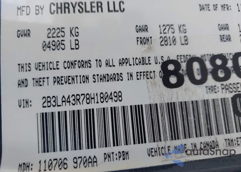 2008 Dodge Charger from USA, damaged, VIN 2B3LA43R78H180498